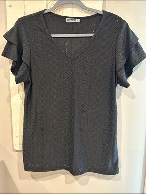 Black Eyelet V-Neck Flutter Sleeve Top
